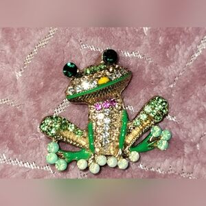 EUC Vintage Green Frog Toad Multi Color Rhinestone Brooch Pin
